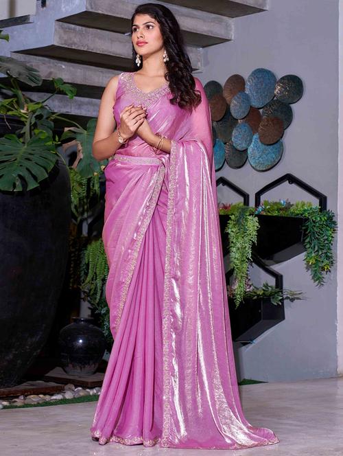 women solid with embellished bordered saree with blouse - 22140117 - Very Small Image - 1