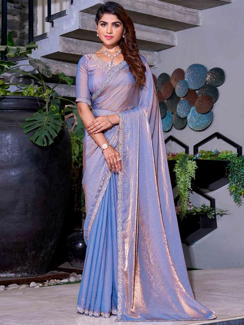 women solid with embellished bordered saree with blouse - 22140118 - Very Small Image - 1