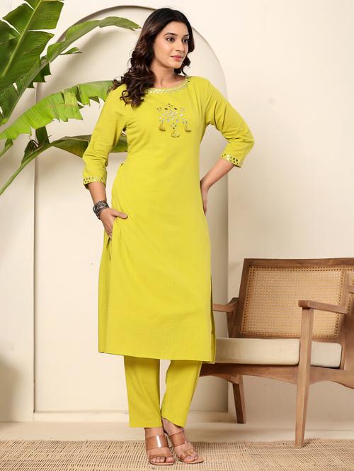 women solid with work three quarter sleeve kurta pant set - 22140250 - Very Small Image - 1