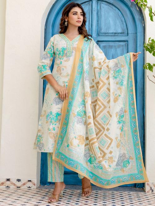 women printed three quarter sleeve kurta pant with dupatta set - 22140558 - Very Small Image - 1
