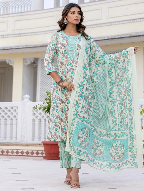 women floral printed three quarter sleeve kurta pant with dupatta set - 22140563 - Very Small Image - 1