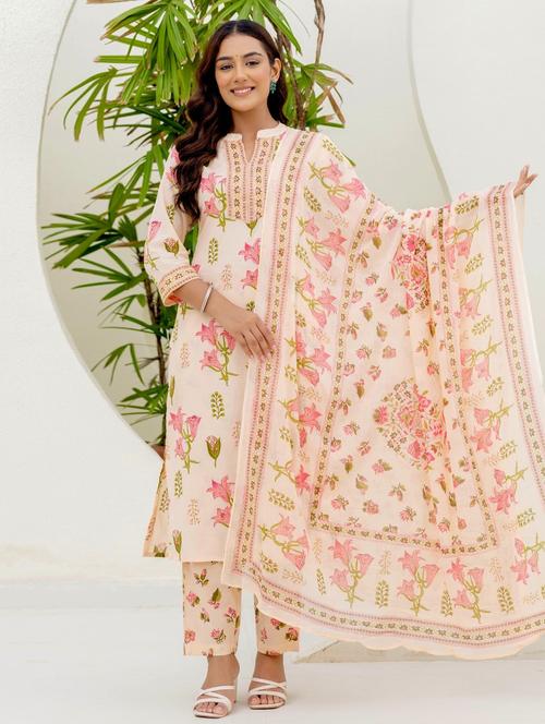 women floral printed three quarter sleeve kurta pant with dupatta set - 22140574 - Very Small Image - 1
