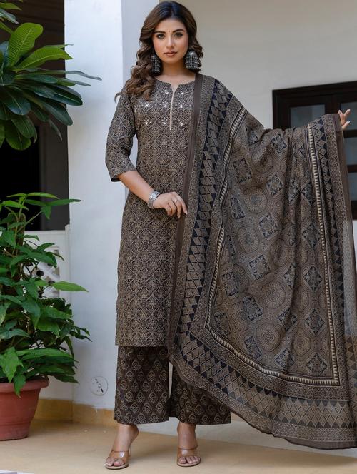women printed three quarter sleeve kurta palazzo with dupatta set - 22140578 - Very Small Image - 1