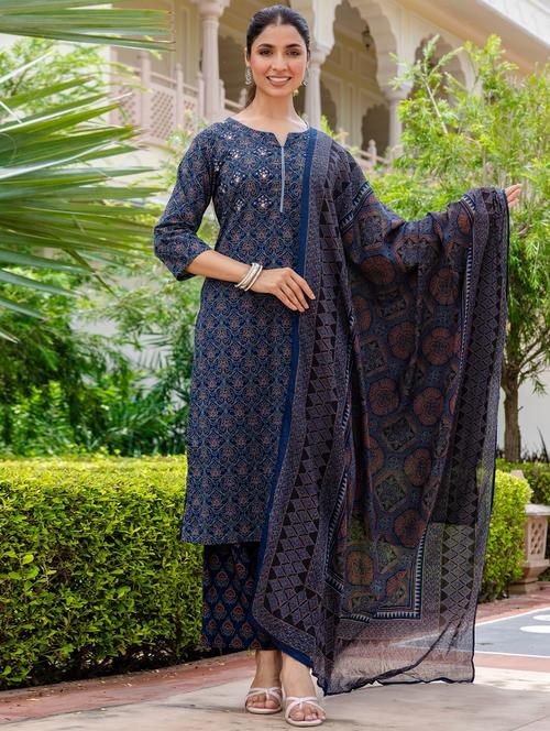 women printed three quarter sleeve kurta palazzo with dupatta set - 22140579 - Very Small Image - 1