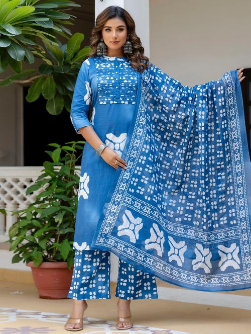 women printed three quarter sleeve kurta palazzo with dupatta set - 22140586 - Very Small Image - 1