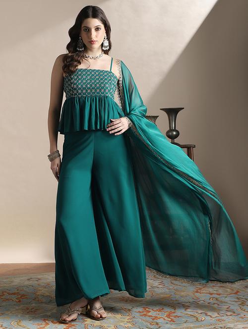 globus women teal square neck strappy shoulder sequin embroidered peplum top with palazzos & dupatta festive set - 22141346 - Very Small Image - 1