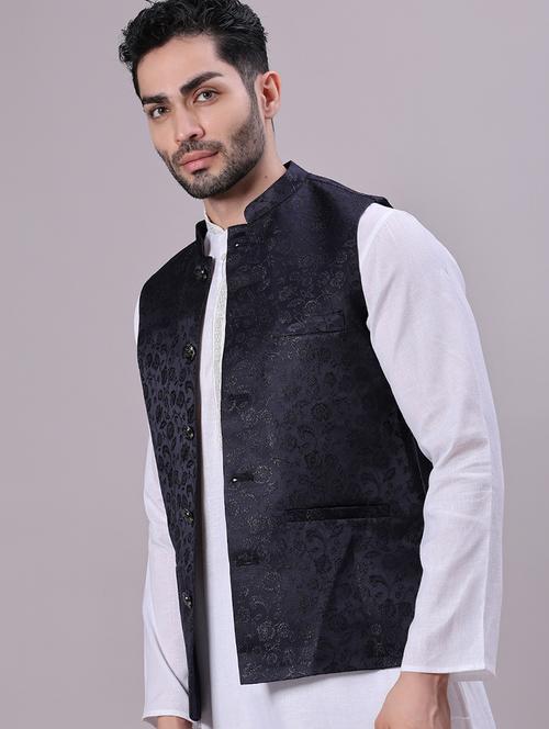 men self design mandarin neck regular fit nehru jacket - 22141355 - Very Small Image - 1