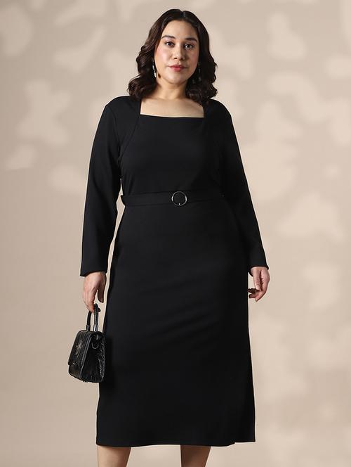 globus gloplus women black square neck full sleeves belted side slit plus size midi bodycon dress - 22141361 - Very Small Image - 1