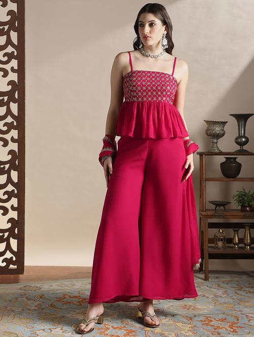 globus women pink square neck strappy shoulder sequin embroidered peplum top with palazzos & dupatta festive set - 22141427 - Very Small Image - 1