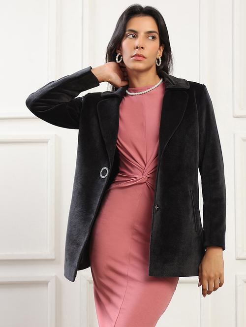 women solid lapel collar long sleeve coat - 22141442 - Very Small Image - 1