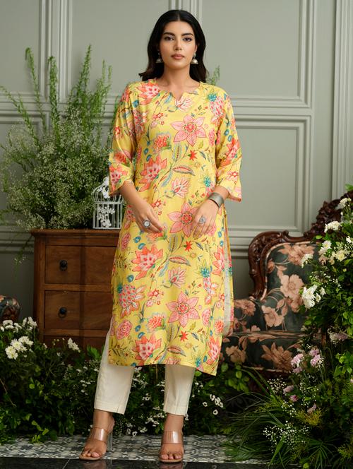 women floral three quarter sleeve straight kurta - 22141608 - Very Small Image - 1
