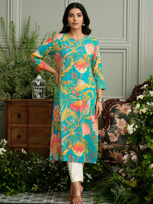 women floral three quarter sleeve straight kurta - 22141611 - Very Small Image - 1