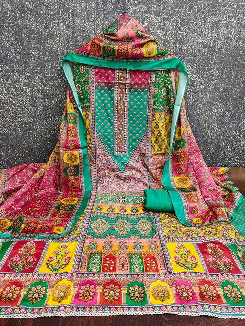 women printed embroidered unstitched suit set - 22142005 - Very Small Image - 1