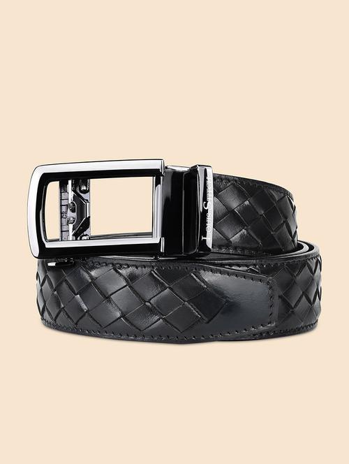 Black Leather Woven Design Automatic Buckle Belt - 22142205 - Very Small Image - 1
