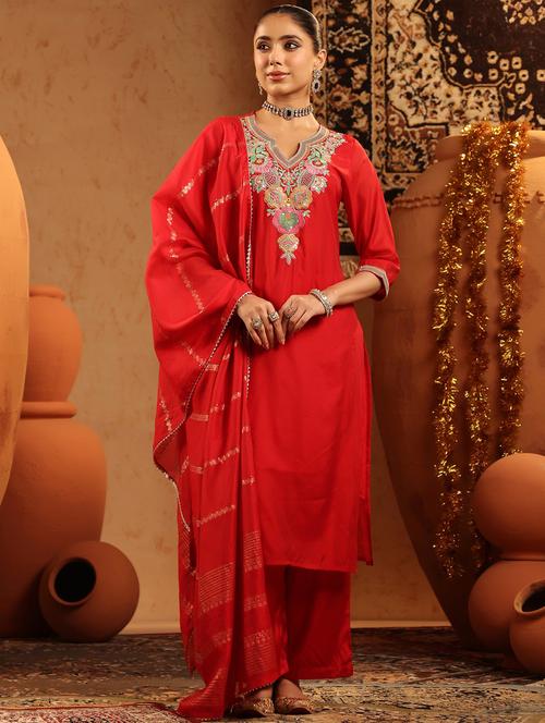 Women Embroidered Three Quarter Sleeve Kurta Pant With Dupatta Set - 22142279 - Very Small Image - 1
