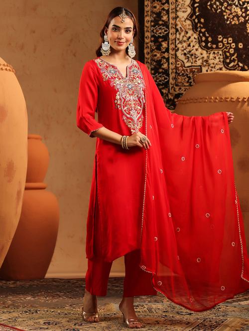 Women Embroidered Three Quarter Sleeve Kurta Pant With Dupatta Set - 22142291 - Very Small Image - 1