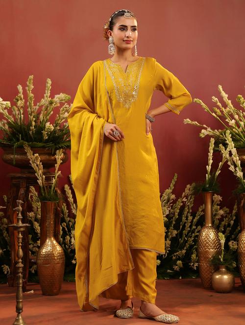 women embroidered three quarter sleeve kurta pant with dupatta set - 22142302 - Very Small Image - 1