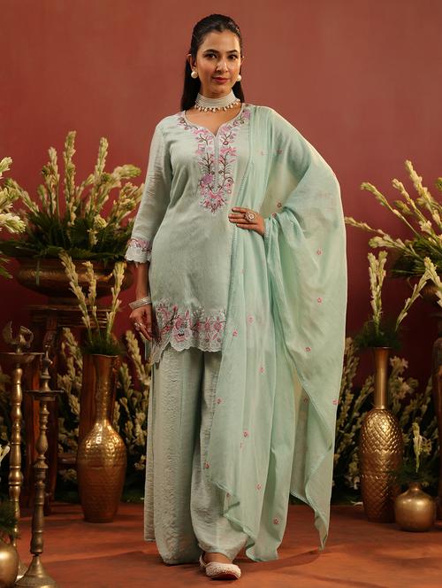 Women Embroidered Three Quarter Sleeve Kurta Palazzo With Dupatta Set - 22142315 - Very Small Image - 1