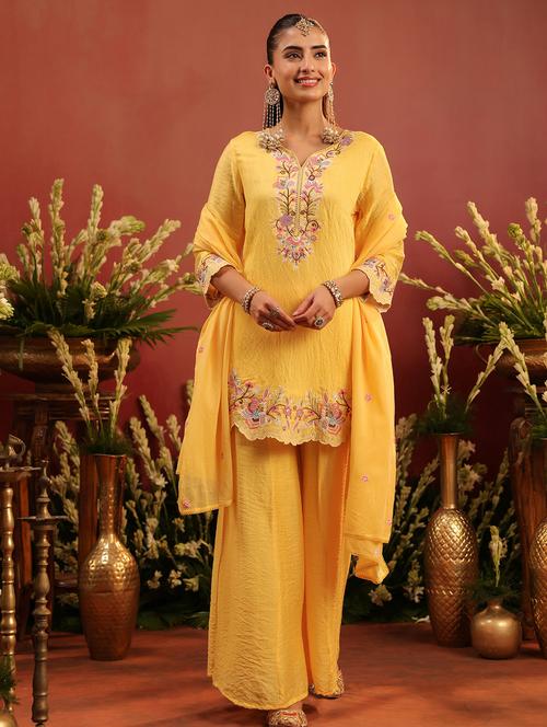 women embroidered three quarter sleeve kurta palazzo with dupatta set - 22142316 - Very Small Image - 1
