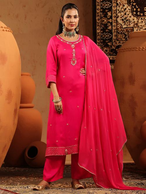 Women Embroidered Three Quarter Sleeve Kurta Pant With Dupatta Set - 22142321 - Very Small Image - 1