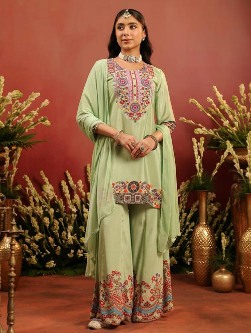 Women Embroidered Three Quarter Sleeve Kurta Sharara With Dupatta Set - 22142328 - Very Small Image - 1