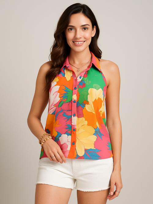 women printed halter neck sleeveless regular top - 22142600 - Very Small Image - 1