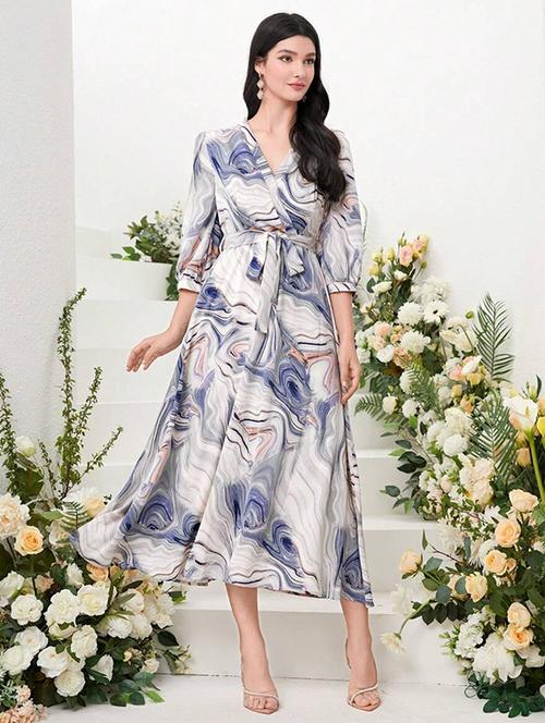 women printed puff sleeve fit & flare dress - 22142615 - Very Small Image - 1