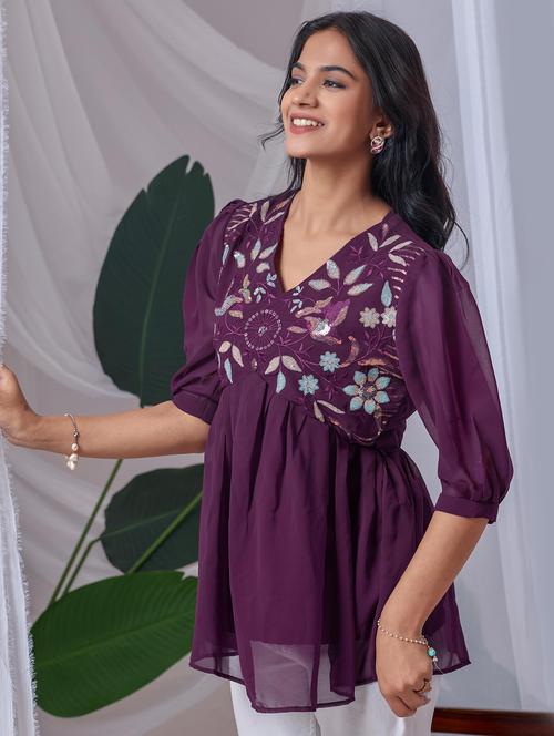 women embroidered puff sleeve a line top - 22143332 - Very Small Image - 1