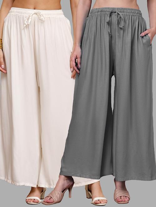 women pack of 2 solid mid rise flared palazzo - 22143423 - Very Small Image - 1