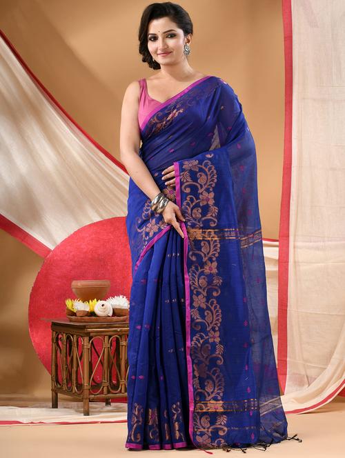 blue cotton handloom saree with blouse - 22144957 - Very Small Image - 1