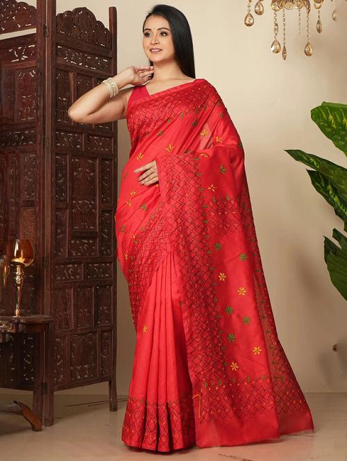 women solid with work embroidered saree with blouse - 22146911 - Very Small Image - 1