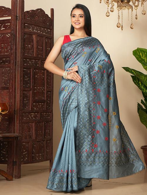 women solid with work embroidered saree with blouse - 22146914 - Very Small Image - 1
