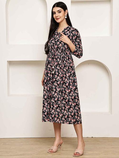 women printed three quarter sleeve a-line dress - 22146919 - Very Small Image - 1