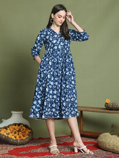 women printed three quarter sleeve a-lune dress - 22146947 - Very Small Image - 1