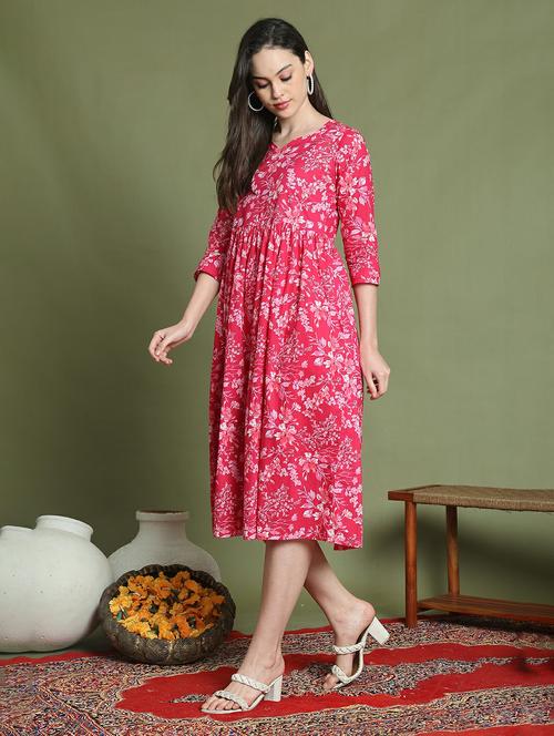 women printed three quarter sleeve a-line dress - 22146950 - Very Small Image - 1