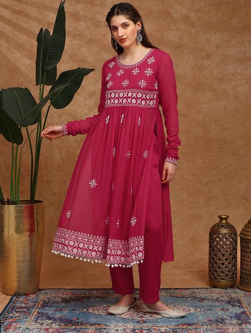 globus women magenta floral embroidered pleated high-slit pom pom hem a-line kurta & pants festive set - 22147795 - Very Small Image - 1