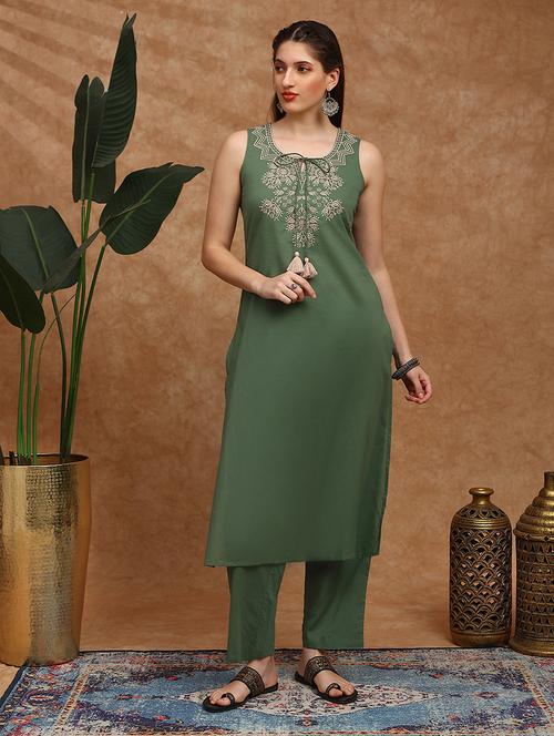 globus women green embroidered yoke tie-up detail straight kurta with pants set - 22147799 - Very Small Image - 1