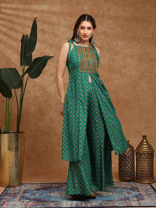 globus women green coin detail tie-up shoulder straps embroidered yoke ethnic foil print front slit a-line kurta & palazzos set - 22147806 - Very Small Image - 1