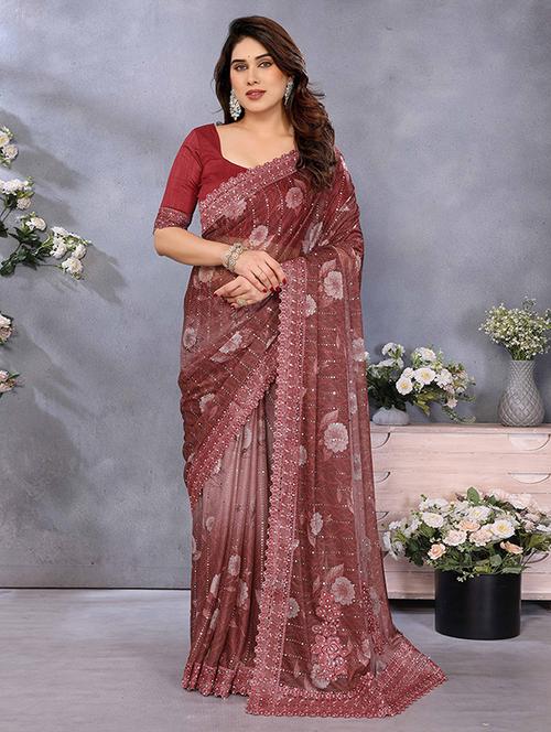 women floral printed embellished saree with blouse - 22148161 - Very Small Image - 1