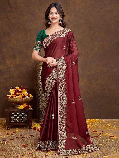 women solid with work embroidered saree with blouse - 22148181 - Very Small Image - 1