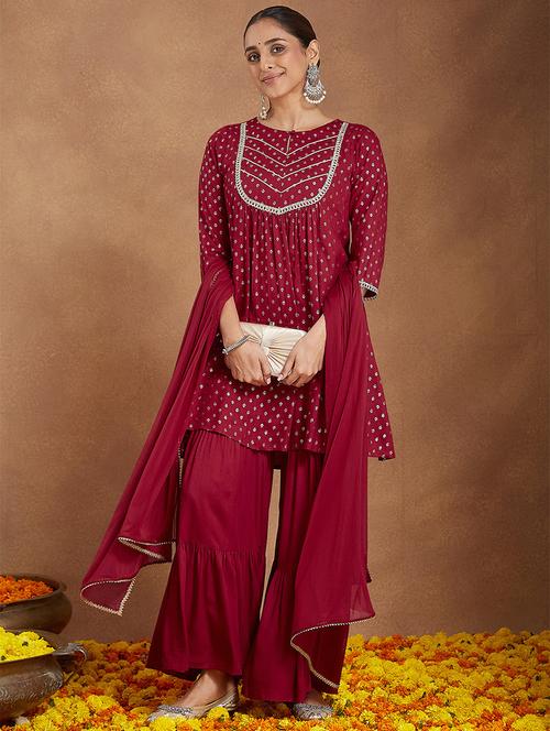 Women Foil Printed Three Quarter Sleeve Kurta Sharara With Dupatta Set - 22156367 - Very Small Image - 1