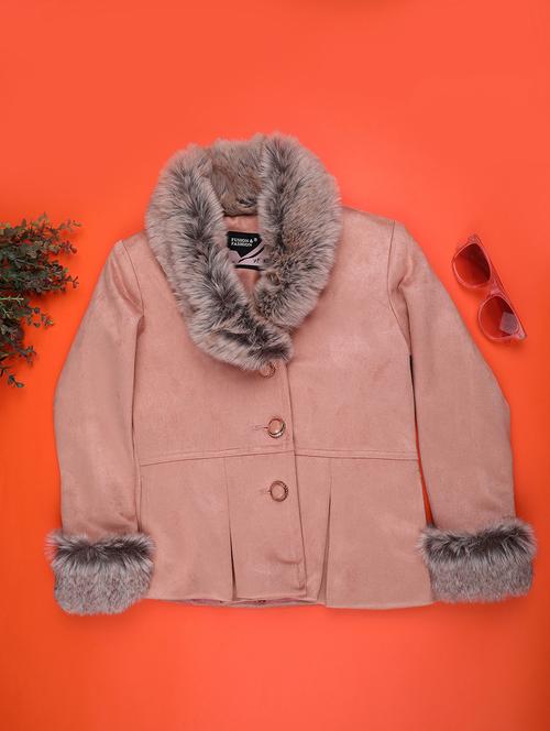 girls solid long sleeve regular fur detailed jacket - 22158446 - Very Small Image - 1