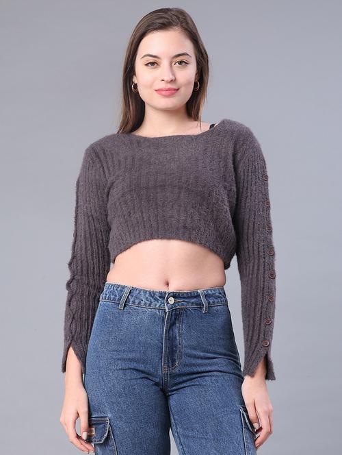 women solid long sleeve cropped pullover - 22160149 - Very Small Image - 1