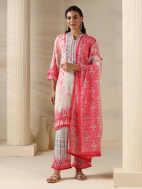 women ikat printed three quarter sleeve kurta pant with dupatta set - 22161068 - Very Small Image - 1