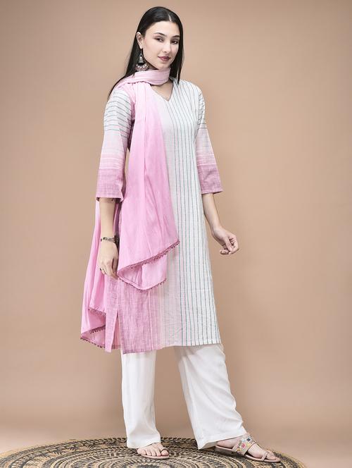 women striped three quarter sleeve kurta pant with dupatta set - 22161069 - Very Small Image - 1