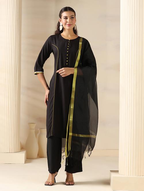 women solid three quarter sleeve kurta pant with dupatta set - 22161081 - Very Small Image - 1