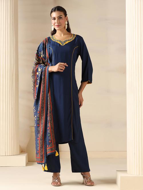 women solid three quarter sleeve kurta pant with dupatta set - 22161083 - Very Small Image - 1