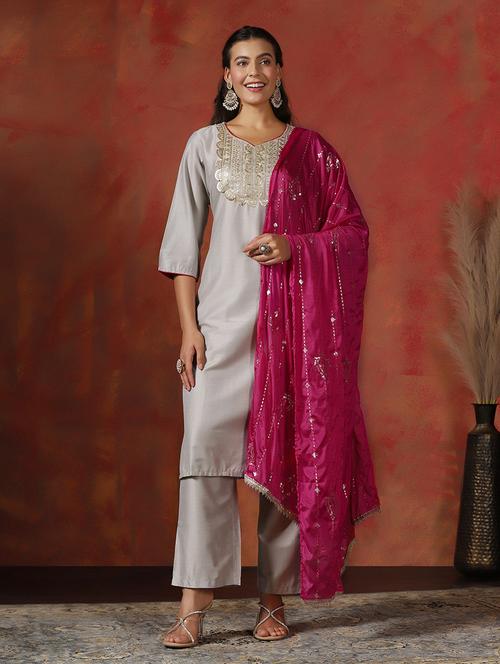 women embroidered three quarter sleeve kurta pant with dupatta set - 22161087 - Very Small Image - 1