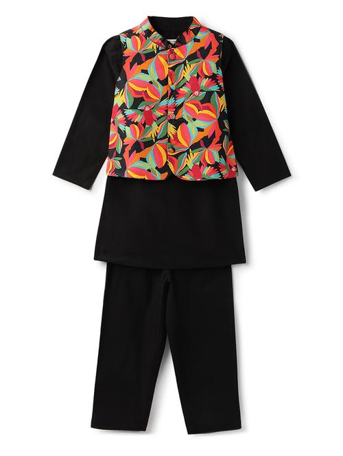 Boys Solid Kurta And Pyjama With Printed Nehru Jacket - 22162549 - Very Small Image - 1