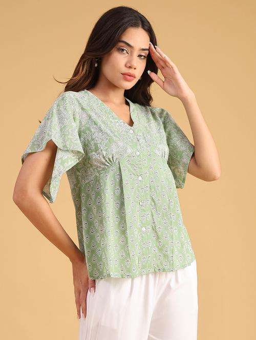 Women Floral Print V Neck Top - 22171387 - Very Small Image - 1